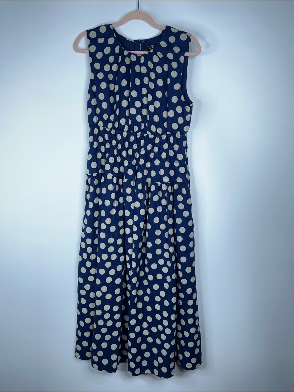 J Crew Navy Polka Dot Sleeveless Midi Dress Smocked Waist Linen New Size Small